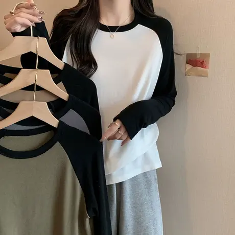 德绒保暖撞色插肩袖T恤女冬季百搭宽松显瘦内搭加绒长袖打底上衣商品大图