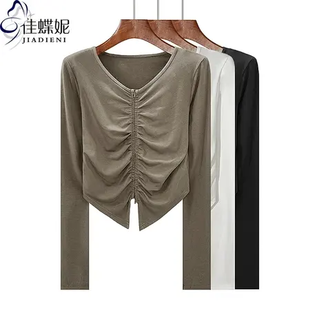 秋冬新款圆领修身褶皱纯欲性感不规则短款纯棉长袖体恤上衣女打底商品大图