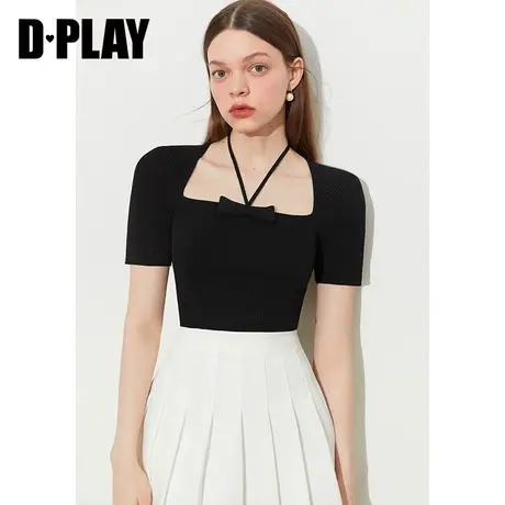 DPLAY新法式优雅经典黑短款修身美背蝴蝶结挂脖短袖针织小衫商品大图