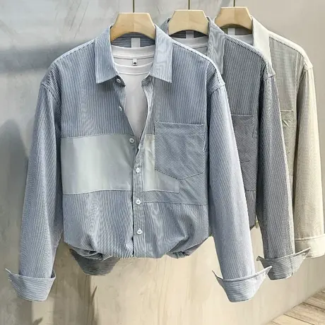 拼接条纹衬衫男士衬衣长袖男装潮流上衣服宽松外套男春秋2023新款商品大图