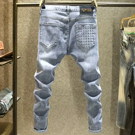 夏季薄款牛仔裤男欧洲站立体压花休闲长裤子蓝灰色轻奢修身小脚裤图片