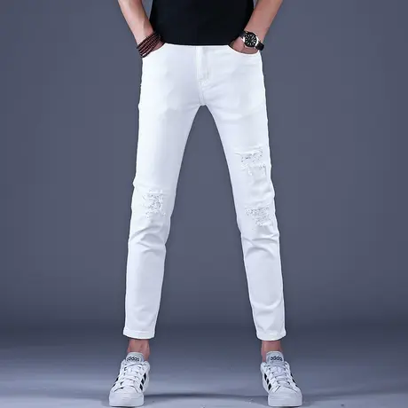 秋冬轻奢破洞九分白色牛仔裤男款修身小脚高端潮牌裤子男士休闲裤商品大图