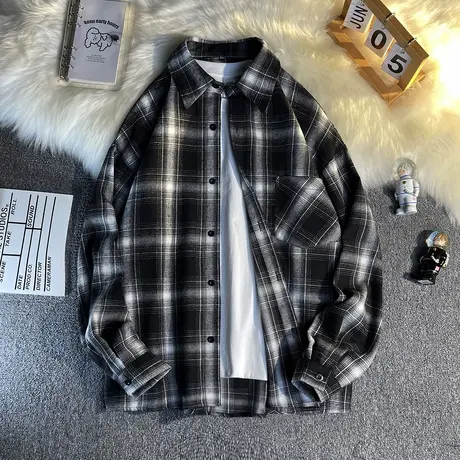 格子长袖衬衫男春秋季2023潮流ins休闲夏季薄款外套港风宽松衬衣商品大图