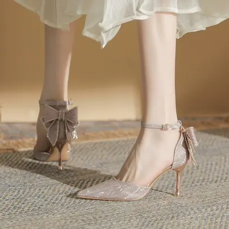 一字扣带中空高跟鞋女细跟2024年春季新款性感百搭蝴蝶结宴会单鞋图片