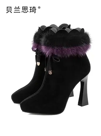 高跟短靴女防水台冬季加绒新款磨砂真皮女鞋瘦瘦靴貂毛粗跟马丁靴图片