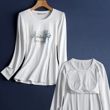 下摆侧开叉带胸垫上衣 前面开叉中长板小衫中长版白色长袖t恤女商品大图