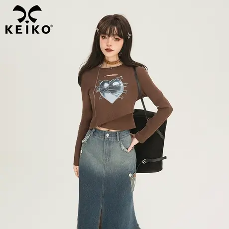 KEIKO爱心印花短款长袖t恤2024早春美拉德穿搭机能风辣妹修身上衣图片