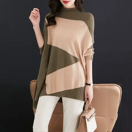 2023新款秋冬森系半高领拼色宽松毛衣女慵懒风大码遮肚显瘦针织衫图片