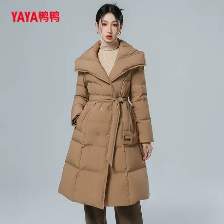 鸭鸭长款羽绒服加厚2023冬季新品西装大翻领系带收腰保暖外套J图片