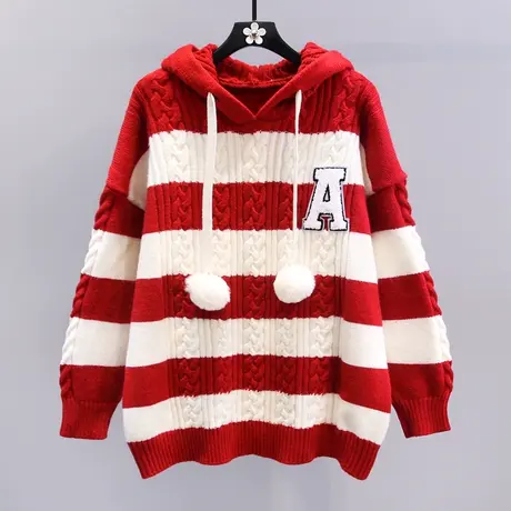 新年红色条纹连帽毛衣女冬季2023新款宽松慵懒风加厚外穿针织上衣商品大图