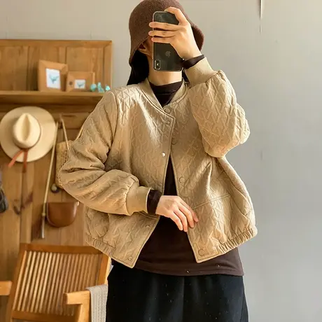 dza 复古宽松短款棒球领加绒外套女冬季加厚休闲保暖厚绒夹克上衣商品大图