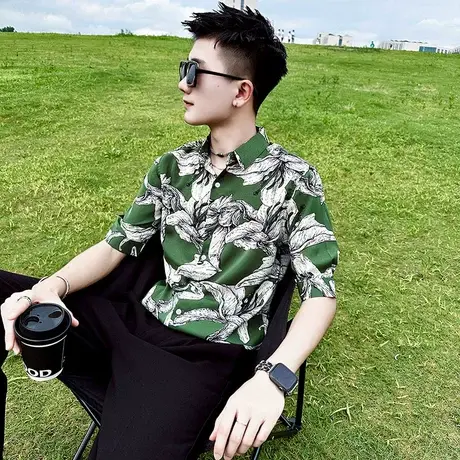 轻奢个性休闲花色短袖衬衫夏季潮男潮牌百搭中袖衬衣七分袖寸衣商品大图