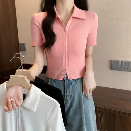 美式polo衫正肩短袖t恤女装新款2023夏季设计感小众上衣显瘦粉色商品大图