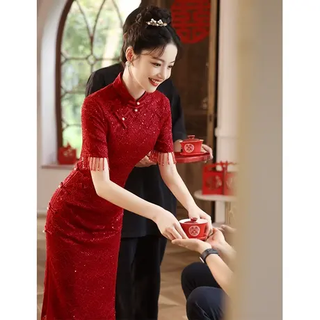 红色改良旗袍秋季2023新款少女小个子敬酒礼服订婚结婚回门连衣裙商品大图