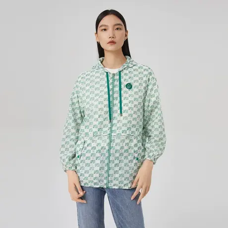 LANCY/俪雅春季新款连帽休闲宽松印花抽绳防身服女夹克图片