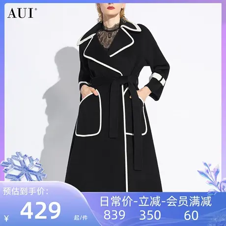 AUI黑色高端羊毛毛呢外套女2024早春新款欧货中长款双面呢子大衣图片