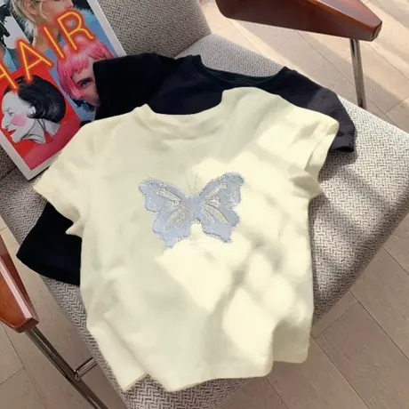 夏日多巴胺穿搭！法式小众正肩上衣女设计感小众简约印花短袖t恤商品大图