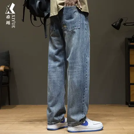 希越2024春季新款复古牛仔裤宽松大码美式潮流做旧休闲男士直筒裤商品大图