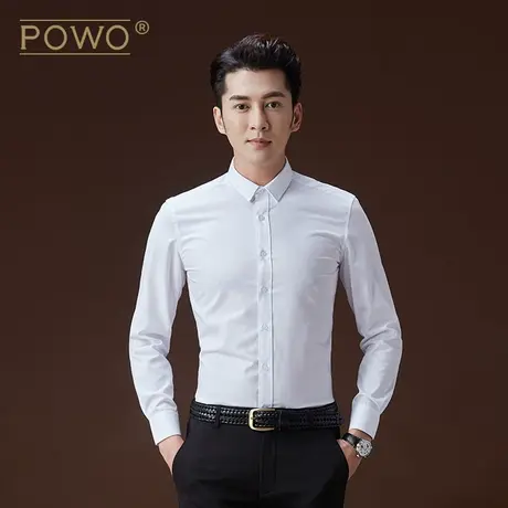 POWO衬衫男士长袖白色帅气男寸衫潮男生修身黑色韩版免烫男装衬衣商品大图