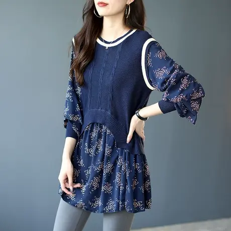 宝诗黎印花长袖上衣新款假两件拼接针织衫春季2024中长款圆领女装图片