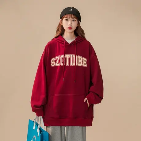 酒红色原创字母印花卫衣女秋冬季加绒加厚ins潮牌设计感宽松外套商品大图