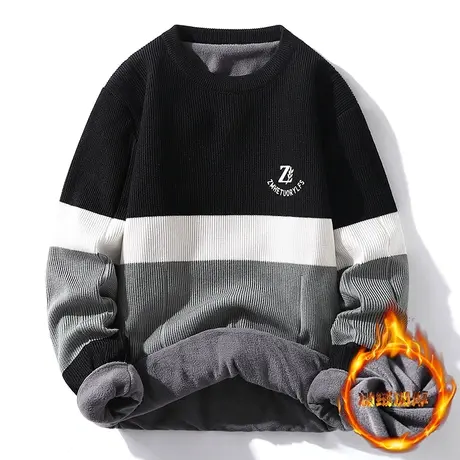 秋冬季加绒加厚毛衣男韩版潮流针织衫外套学生拼接撞色毛线上衣服商品大图