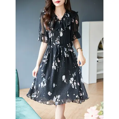 宝诗黎圆领荷叶边印花雪纺连衣裙女夏季短袖2024新款系带中长裙子图片