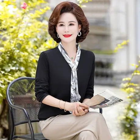 年轻妈妈春秋装韩版飘带中老年打底长袖t恤衫女洋气显瘦小衫上衣图片