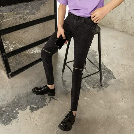 2023春夏新款个性膝盖拉链百搭牛仔裤复古黑灰显瘦小脚九分裤潮男商品大图