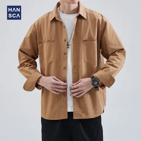 hansca工装衬衫男士长袖春季纯棉翻领高级感复古潮流刺绣休闲外套商品大图