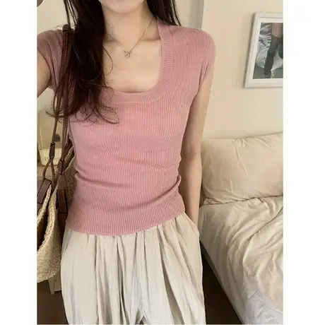粉色简约U领纯色短袖T恤女2024年春季新款修身短款chic针织衫上衣商品大图