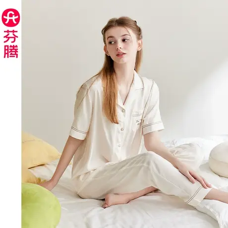 芬腾女夏季薄款冰雪丝短袖开衫睡衣大码宽松凉感仿真丝家居服套装商品大图