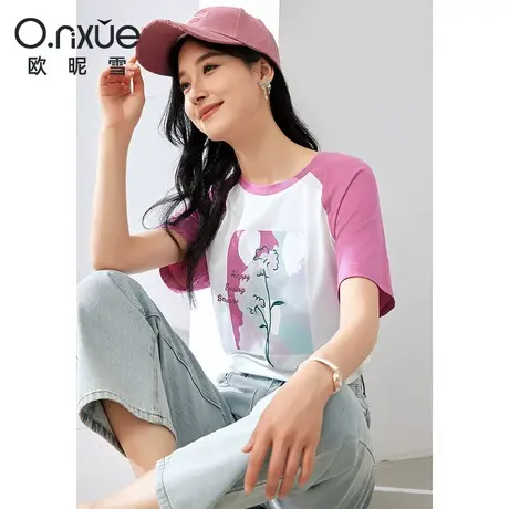 欧昵雪2024夏季新款T恤女短袖圆领时尚休闲宽松绣花烫图撞色上衣商品大图
