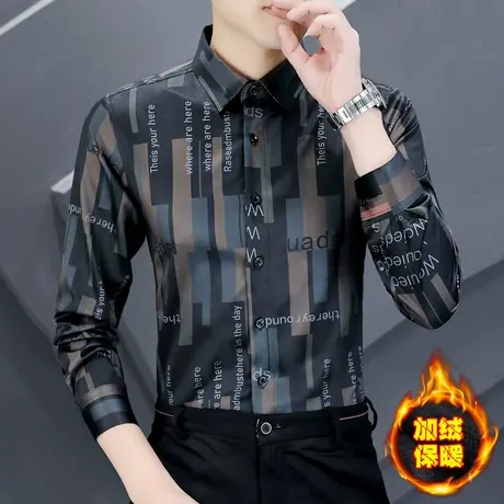 秋冬季加绒加厚衬衫男士长袖设计感高级免烫男装韩版休闲保暖衬衣商品大图