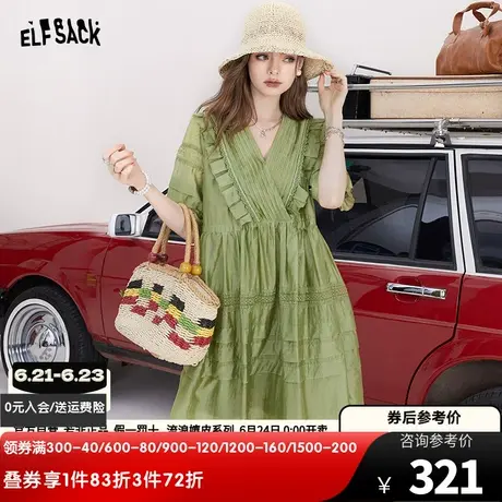 妖精的口袋绿色法式连衣裙女2023夏季新款v领森系宽松精致设计感图片