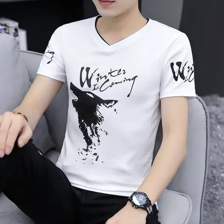 2023新款夏季男士V领冰丝短袖T恤潮流纯棉半袖上衣服体桖男装潮牌商品大图