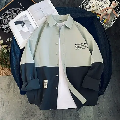 春秋季长袖衬衫男潮牌拼接撞色衬衣港风ins帅气宽松痞帅休闲外套商品大图