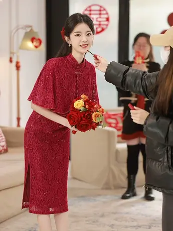酒红色旗袍敬酒服2023新款中式改良新娘订婚年轻款结婚回门礼服女商品大图