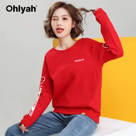 Ohlyah品牌 红色卫衣女宽松韩版纯棉套头圆领情侣春节新年装长袖图片
