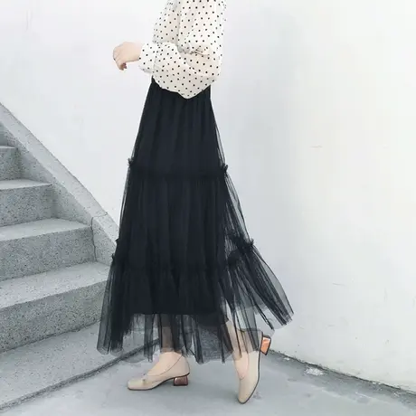 网纱裙半身裙春秋季新款A字仙女中长款蛋糕裙木耳边拼接蓬蓬裙731图片