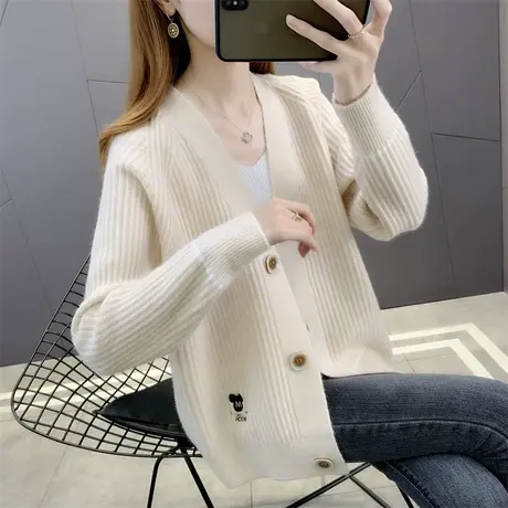 慵懒风V领针织开衫2023年春装新款女加厚宽松百搭毛衣女外套春秋图片