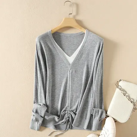 美丽诺羊毛针织假两件秋装女2023新款宽松软糯内搭打底衫外套毛衣商品大图