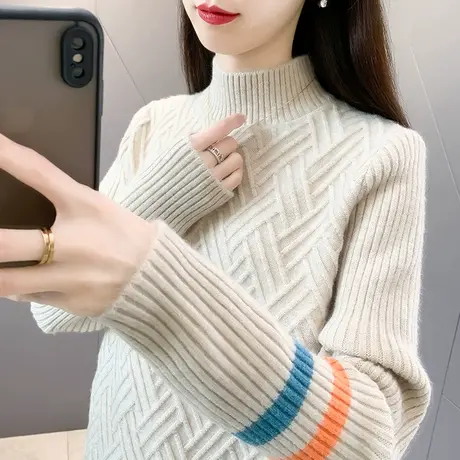 半高领毛衣女2023年秋冬新款夹色针织衫长袖套头厚百搭打底上衣女商品大图