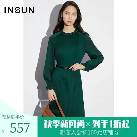 恩裳COVER2023春款新款优雅木耳边高温压褶乱麻肌理感垂坠连衣裙图片