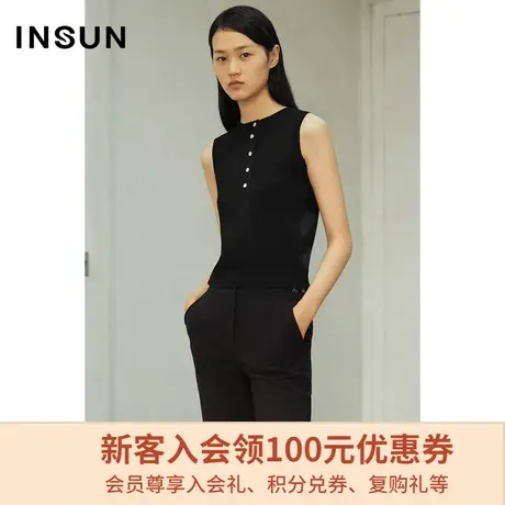 恩裳商场同款夏季时尚简约气质黑色无袖修身圆领毛针织衫商品大图