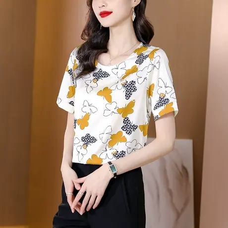 2023夏季新款女上衣圆领印花t恤短袖上衣真丝大码宽松小衫气质女商品大图