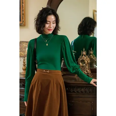 弥古复古绿色打底衫女内搭春秋长袖时尚法式灯笼袖半高领针织上衣商品大图