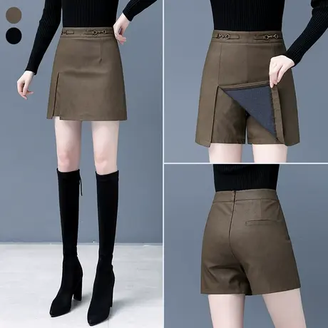 皮短裤女宽松A字裙裤秋冬季2023年新款外穿时尚显瘦阔腿一体裤裙商品大图