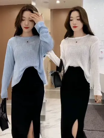 2023年春夏后开背开叉绑带薄款针织衫短款圆领宽松长袖防晒衫女潮商品大图