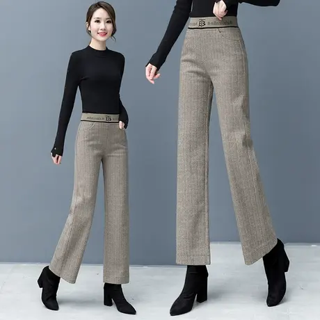 毛呢阔腿裤女秋冬高腰2023年新款宽松休闲直筒裤呢子松紧腰长裤子图片